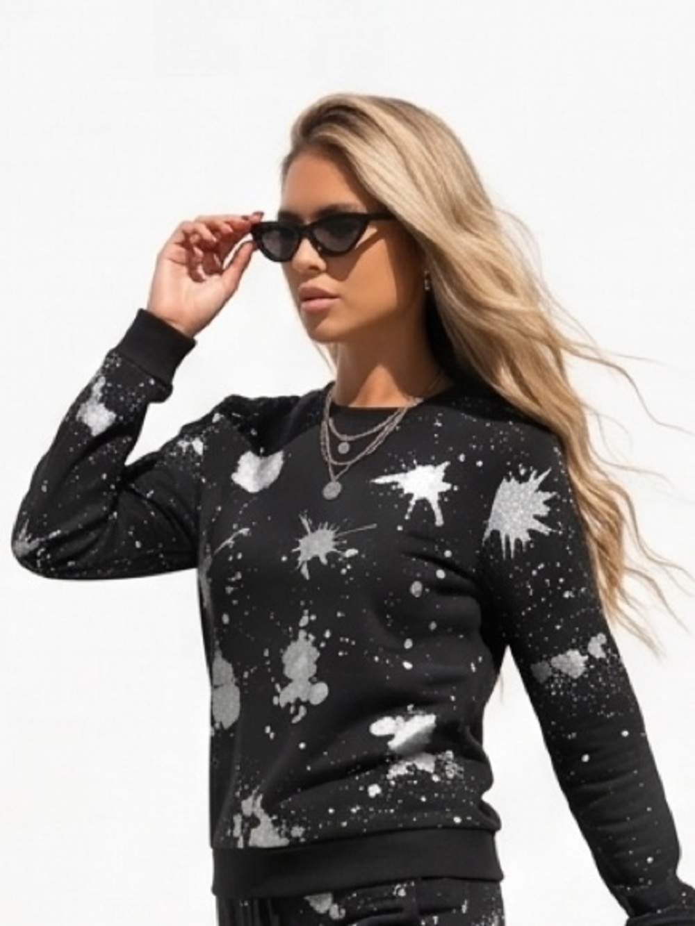 Scotch & Soda Black Crewneck Sweatshirt with Silver White Paint-Splash sz Med
